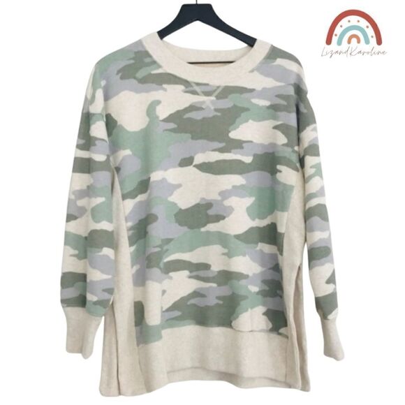 New! Aerie Good Vibes Camo Oversized Sweatshirt Slit Longline Pullover Sweater - Picture 1 of 10